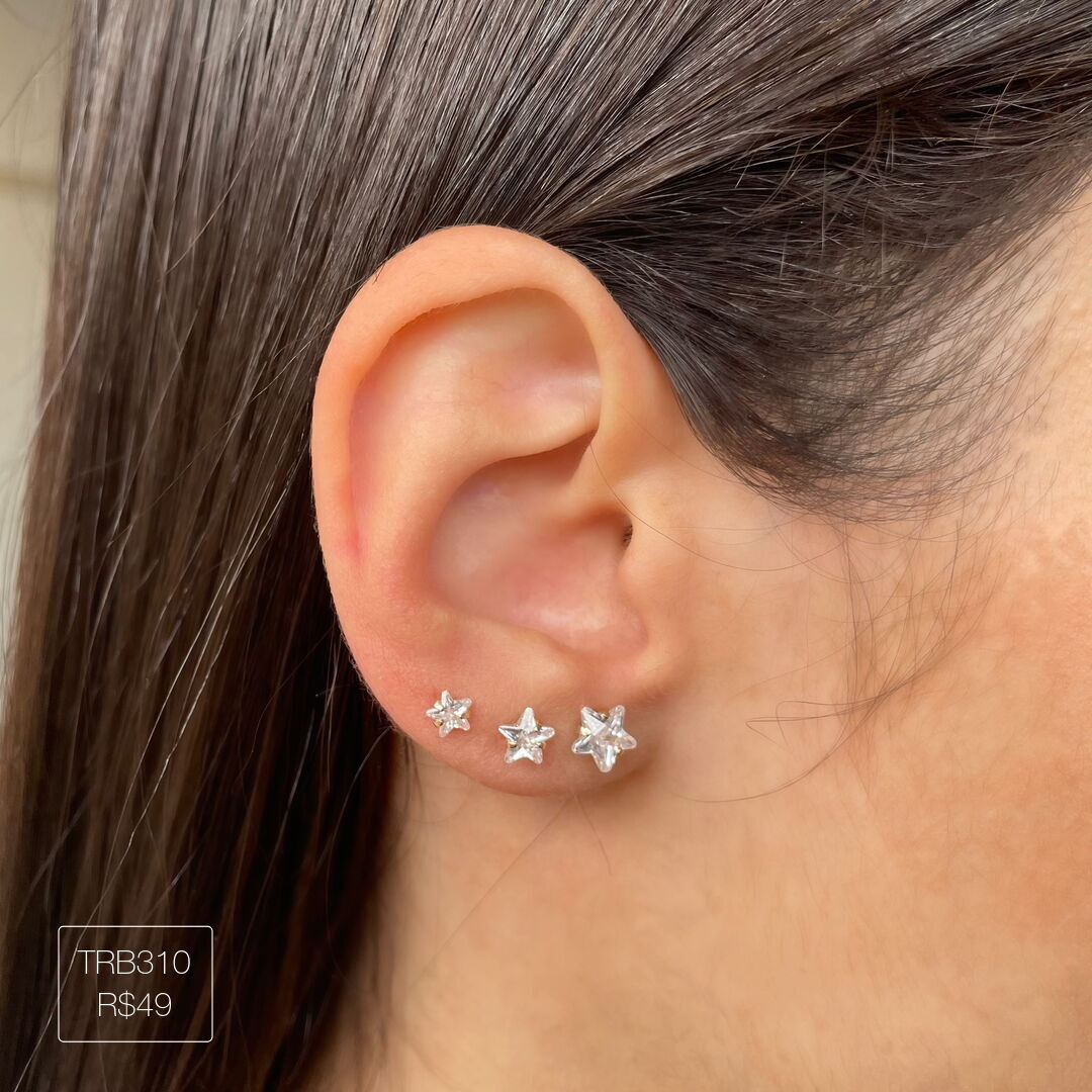 Trio de Brinco Ponto de Luz Estrela Cristal Dourado